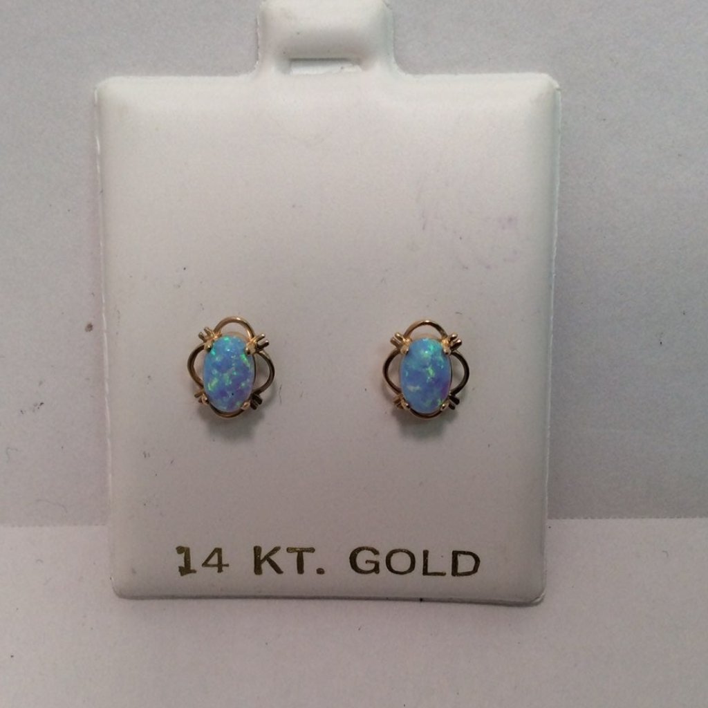 14k Solid Yellow Real Gold Oval Opal Stud Earring 335$